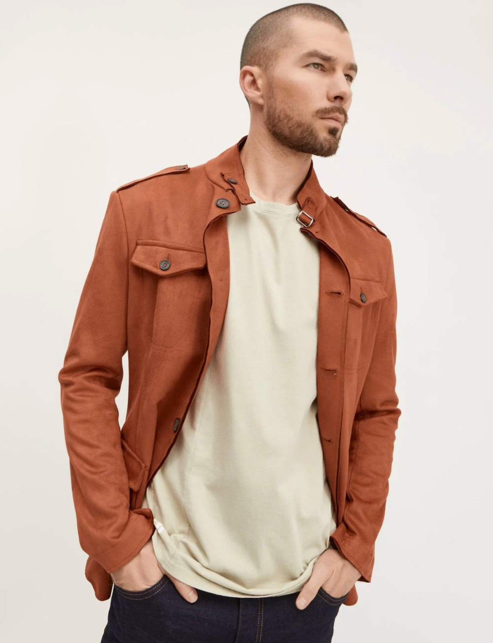 NWT Mens Ron Tomson Microsuede Safari Jacket Mod Nehru Brick Red Medium